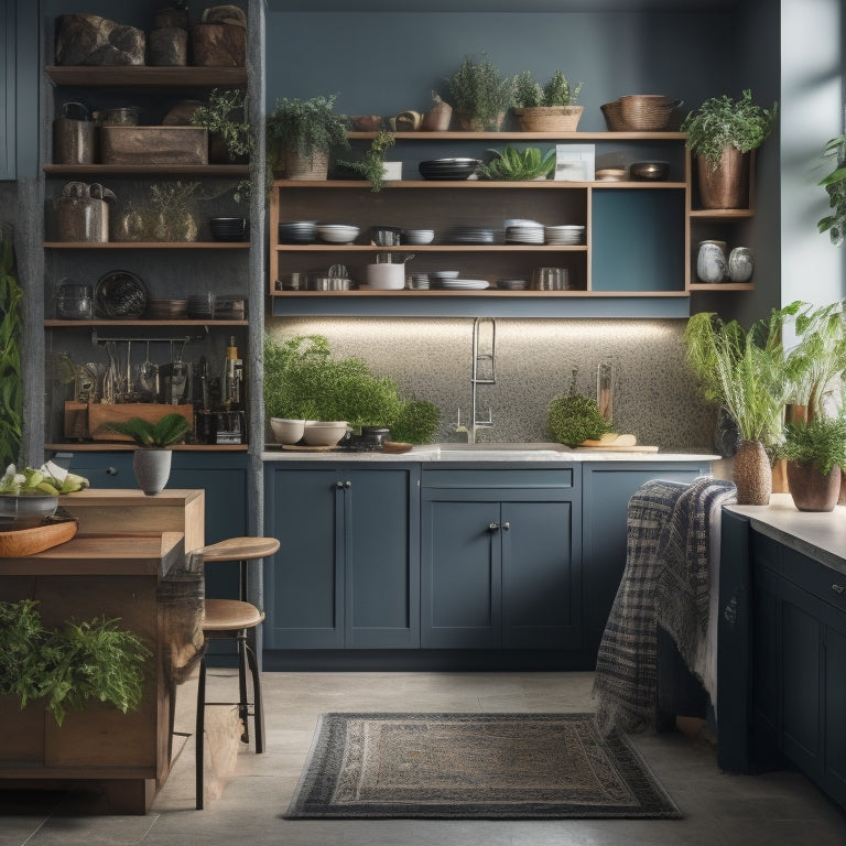 A well-lit, modern kitchen with a tidy island in the center, adorned with a few neatly arranged cookbooks, a utensil holder, and a small potted herb plant, surrounded by sleek, organized cabinets.