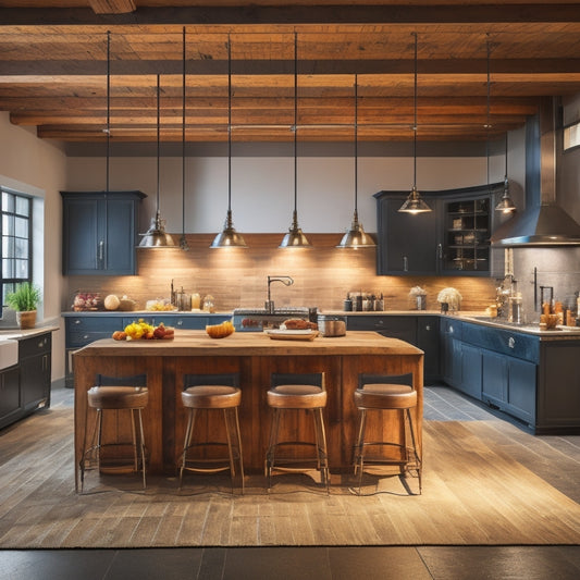 A dimly lit, high-ceilinged industrial kitchen with exposed ductwork, reclaimed wood accents, and metal-toned appliances, featuring a large island with metal stools and a suspended pendant light.