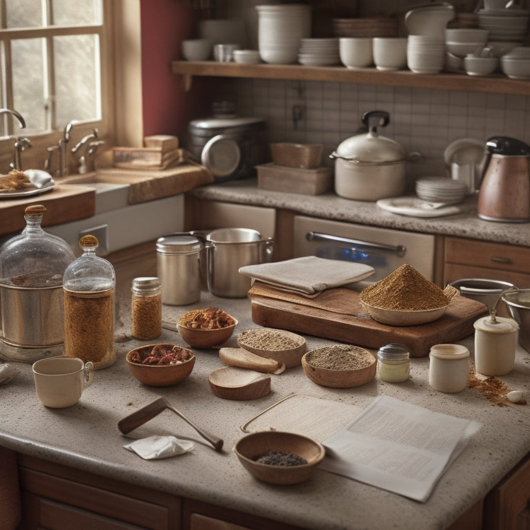 A cluttered kitchen counter with overflowing utensil jars, piles of dirty dishes, and a toaster with crumbs scattered around it, surrounded by worn-out recipe books and crumpled papers.