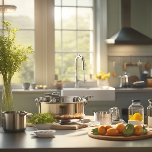 A serene, well-organized kitchen with a stainless steel island, a few strategically placed utensils, and a blurred background, illuminated by a large window with a subtle natural light glow.