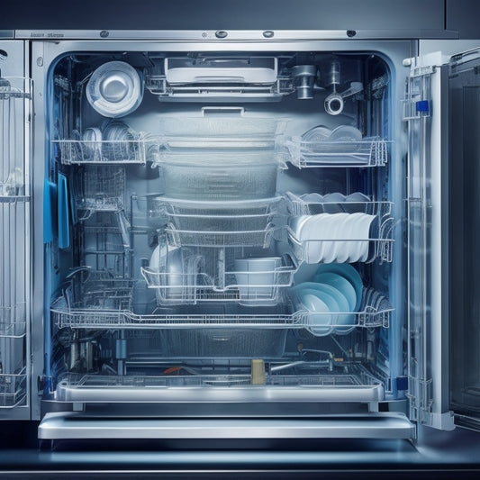 A partially disassembled dishwasher with its internal mechanisms exposed, surrounded by scattered tools and diagrams, with a faint glow emanating from the circuit board.