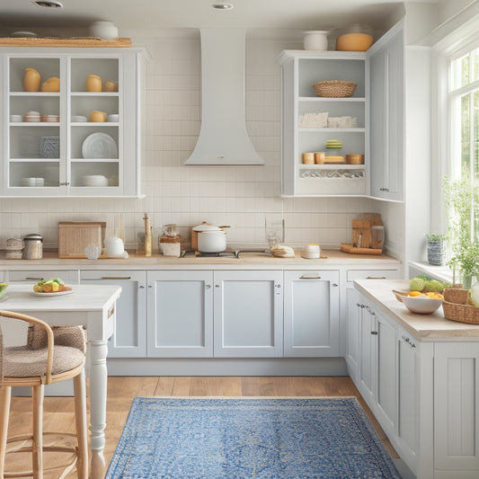 A bright and airy kitchen with a mix of open shelving and cabinets in various styles and finishes, with a few doors and drawers slightly ajar, surrounded by subtle hints of renovation tools.