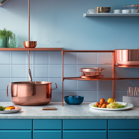 A modern kitchen countertop with a sleek, wall-mounted dish rack featuring three tiers of stainless steel rods, holding a mix of elegant wine glasses, ceramic plates, and copper pots, amidst a clean backdrop.