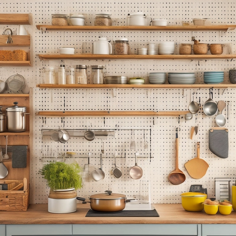 A clutter-free kitchen with a pegboard on the wall, a utensil organizer on the counter, and a pull-out spice rack in a cabinet, with a few well-organized pots and pans in the background.