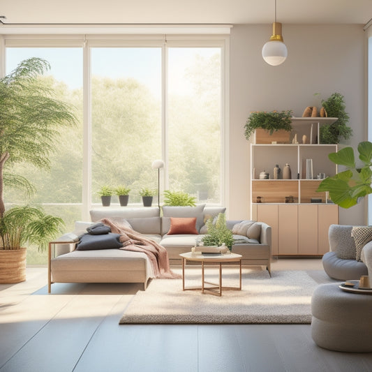 A minimalist, modern living room with a sleek, floor-to-ceiling shelving system, sparse decor, and a few, carefully-placed, potted plants, bathed in warm, natural light pouring through large windows.