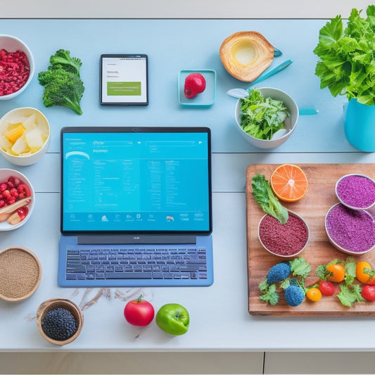 A colorful, modern kitchen background with a laptop and a tablet side-by-side, each displaying a different digital meal prep planner, surrounded by healthy ingredients and utensils.