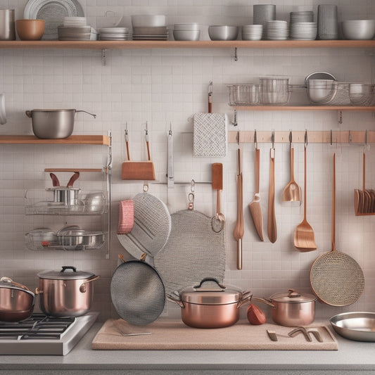 A well-organized kitchen with a mix of stainless steel and copper pots and pans hanging from a pegboard, with a few cookbooks and a utensil organizer on a nearby counter.