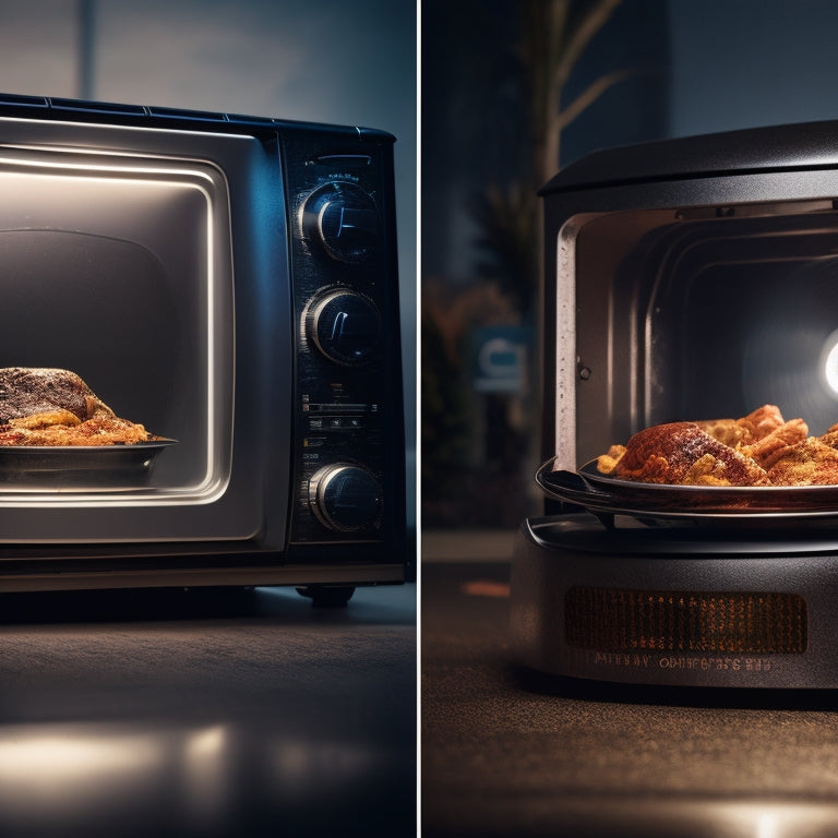 A split-screen image featuring a broken microwave with cracked glass and rusty exterior on the left, and a refurbished one with shiny stainless steel and glowing LED lights on the right.