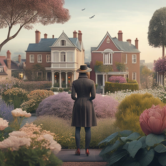 A warm and inviting illustration of a person standing in front of a row of diverse houses, each with unique architectural styles, amidst a blooming garden with a faint cityscape in the background.