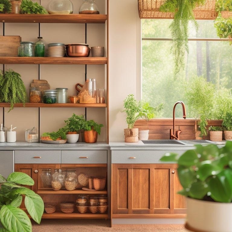 A bright, modern kitchen with warm wood tones, featuring open shelving with sleek glass jars, copper accents, and a few strategically placed cookbooks, surrounded by lush greenery.