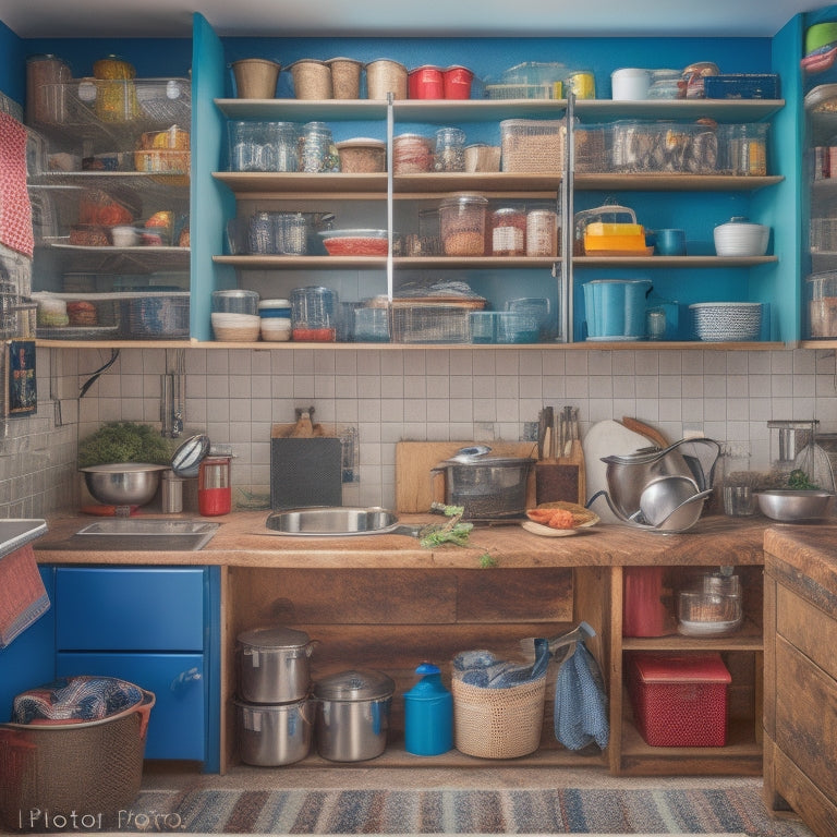 A cluttered college dorm kitchen with a messy counter, open cabinets, and scattered utensils, transformed into a tidy space with labeled containers, organized cookware, and a few cleverly repurposed items.