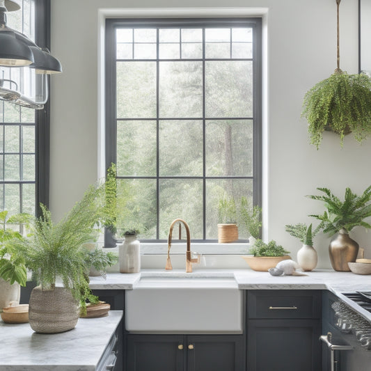 A bright, airy kitchen with three large, black-framed windows above a white quartz countertop, adorned with potted greenery and a few strategically placed decorative vases, amidst a warm, minimalist backdrop.