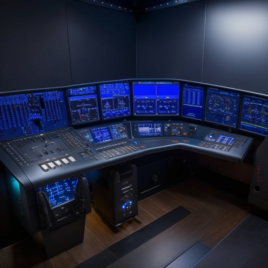A sleek, black flight simulator cockpit with a array of realistic instruments, knobs, and buttons, surrounded by a subtle blue glow, set against a dark grey background with subtle hints of aircraft wings.