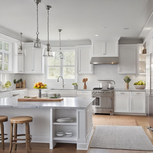 A bright, airy kitchen with crisp white cabinets, warm wooden flooring, and stainless steel appliances, featuring a large island with a butcher-block countertop and pendant lights hanging above.