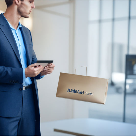 A minimalist illustration of a person holding a tablet, with a LinkedIn logo on the screen, surrounded by shopping bags and credit cards, set against a subtle background of commerce and technology.