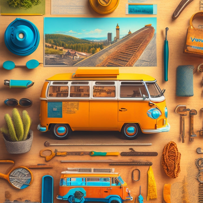 A vibrant illustration featuring a vintage VW Bus surrounded by tools, gears, and blueprint sketches, with a subtle cityscape background and a warm, sunny color palette.