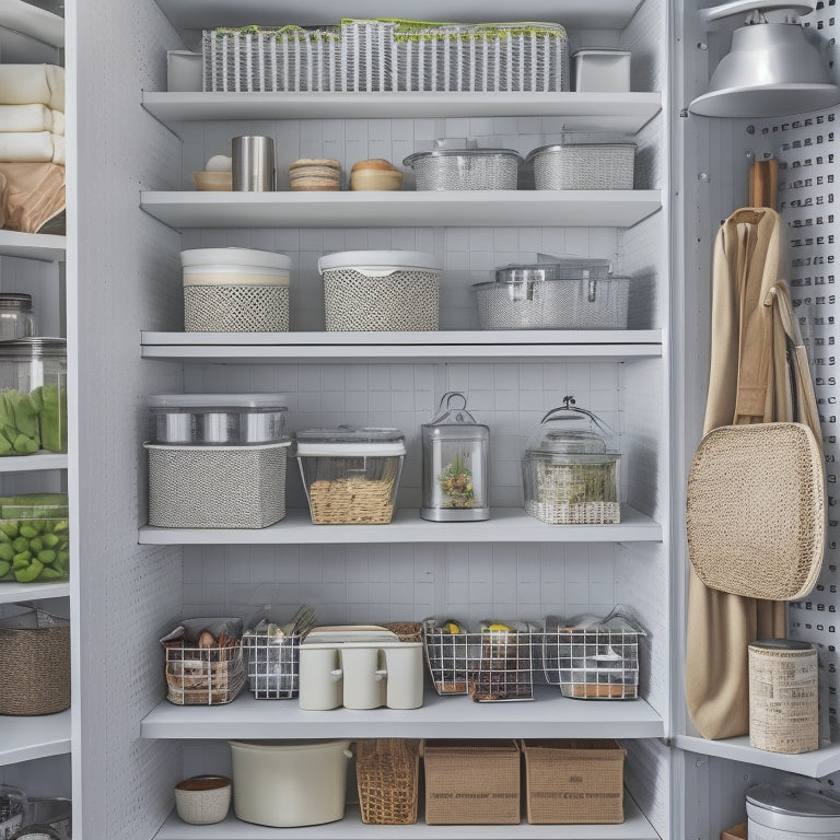 A tidy pantry with labeled baskets, stacked cans in a diagonal pattern, and a pegboard with hooks holding utensils, set against a light gray background with soft, warm lighting.