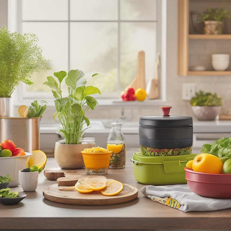 A colorful, clutter-free kitchen counter with various meal prep containers, a calendar, and a few pens, surrounded by a small potted herb plant and a few fresh fruits, with a subtle wooden background.