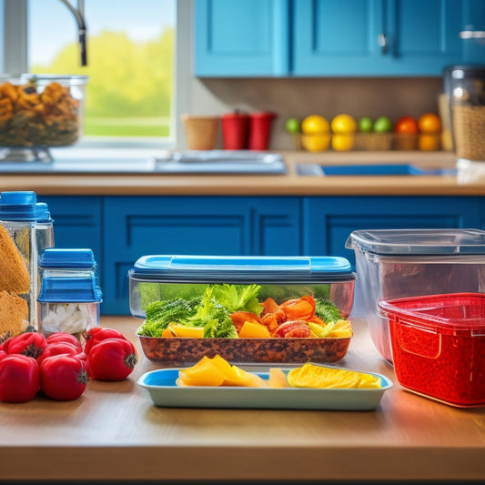 A cluttered kitchen counter with opened meal prep containers, scattered utensils, and spilled food, contrasted with a single, organized container in the corner, with a subtle glow and a few neatly arranged ingredients.