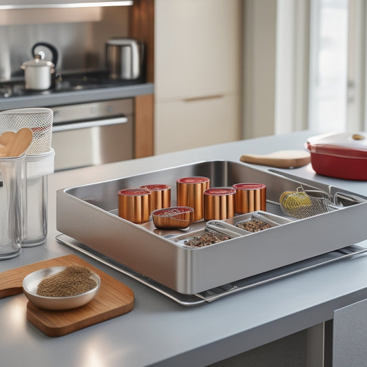 A modern kitchen with sleek countertops, featuring Yamazaki Home's innovative magnetic kitchen organizer: a stainless steel strip with neatly arranged metal spice containers, utensil holders, and a compact knife block.