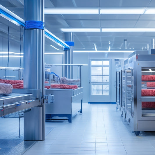 A futuristic, high-tech meat processing facility with stainless steel machinery, automated conveyor belts, and robotic arms efficiently handling meat products amidst a sleek, modern, and sanitized environment.