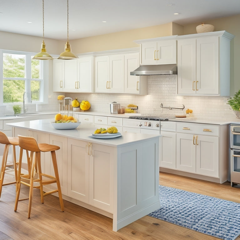 A bright, modern kitchen with sleek white cabinets, warm wooden countertops, and a large island featuring built-in drawers, a pull-out trash can, and a utensil organizer.