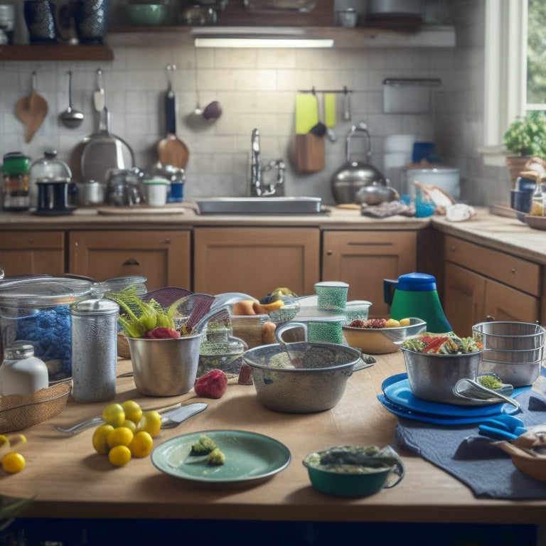 A cluttered kitchen with piled-up dirty dishes, overflowing trash cans, and kitchen utensils scattered all over the countertops, with a messy island in the center and a blurred-out cook in the background.