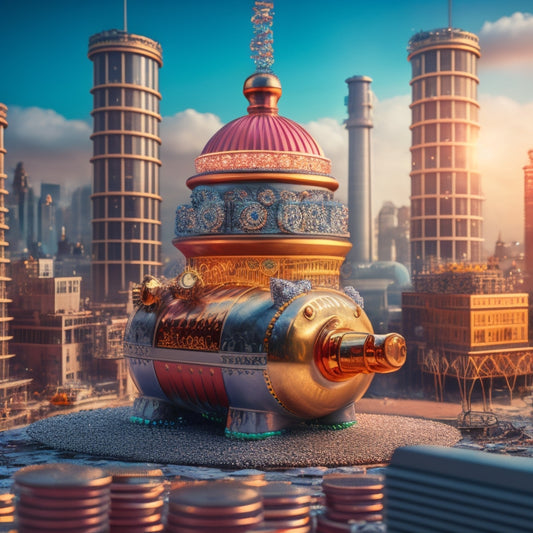 An illustration of a factory or industrial setting with a giant piggy bank or treasure chest in the center, surrounded by gears, coins, and confetti, with a subtle cityscape in the background.