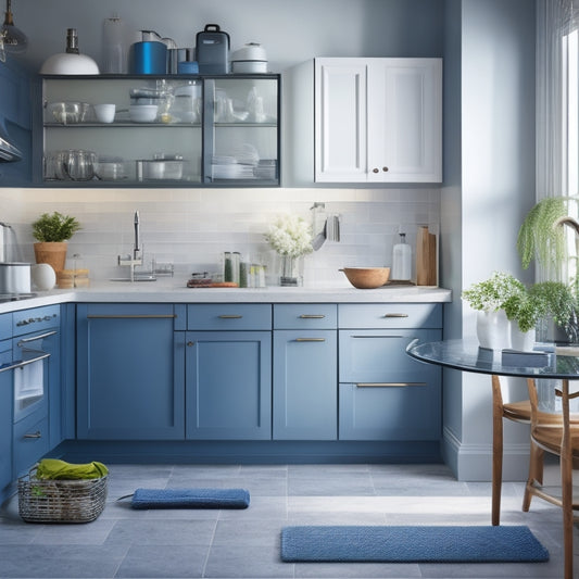A tidy, modern kitchen with a sink, stove, and refrigerator, featuring a few strategically placed cleaning tools and products, such as a microfiber cloth, all-purpose cleaner, and a scrub brush.