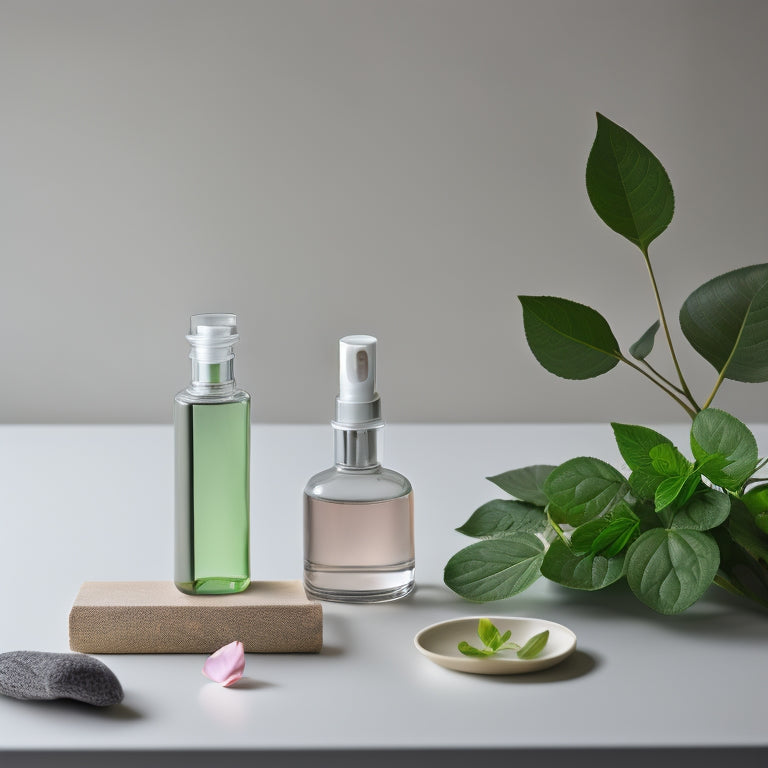 A serene, minimalist background with a few carefully arranged, natural elements: a small potted green plant, a delicate wooden comb, and a few scattered rose petals, surrounding a few elegant, refillable glass cosmetic bottles.