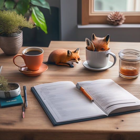 A desk with a neatly organized Clever Fox Daily Planner lying open, surrounded by a cup of steaming coffee, a few colorful pens, and a small potted plant, set against a light-wooden background.