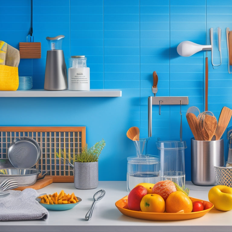 A bright, modern kitchen with a tidy countertop, a perfectly organized utensil holder, and a few strategically placed kitchen gadgets, surrounded by a subtle background of recipe cards and a faint grid pattern.