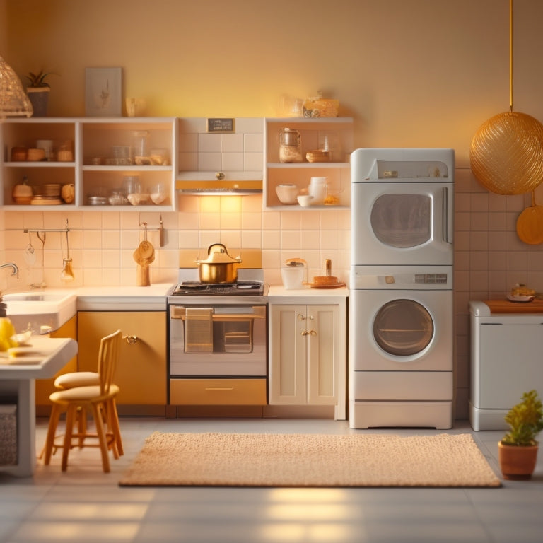 A miniature kitchen with sleek, modern appliances, a compact island, and a pegboard adorned with hanging utensils, set against a soft, creamy background with warm, golden lighting.