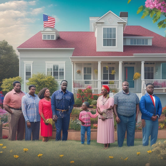 A vibrant illustration depicting a diverse group of Black individuals standing together, hands clasped, in front of a row of colorful, newly built homes with blooming gardens and American flags waving.