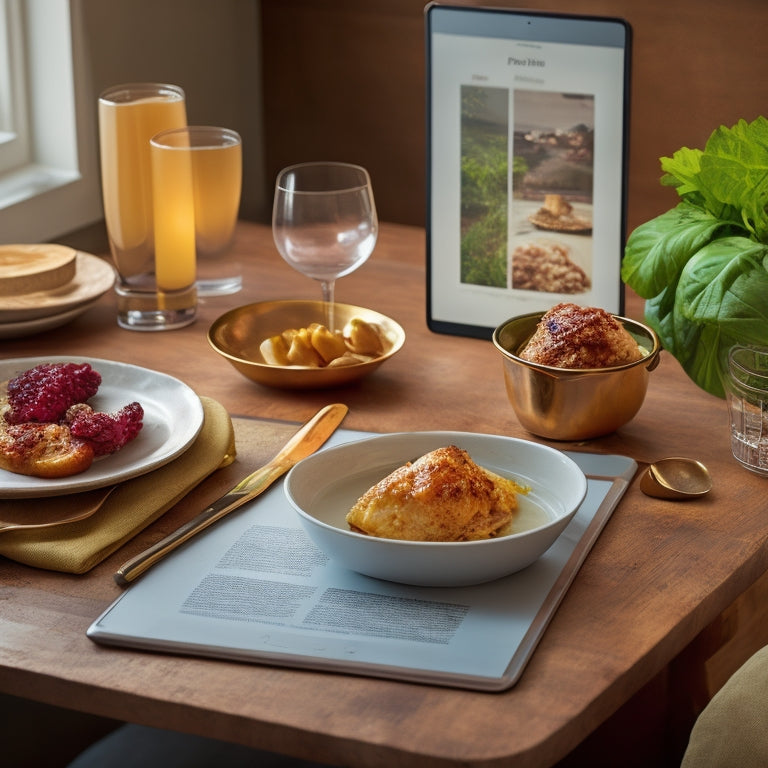 A warm, golden-lit dining table with a few scattered, crumpled recipe printouts, a torn cookbook, and a few scattered utensils, contrasted with a sleek, modern tablet displaying a tidy, organized digital recipe.