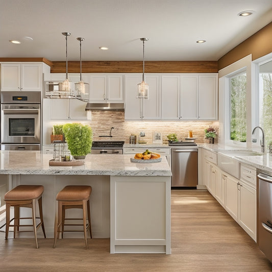 A bright, modern kitchen with high ceilings, large center island, and ample counter space, featuring a mix of warm wood tones, crisp white cabinetry, and sleek stainless steel appliances.
