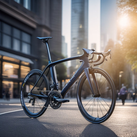 A sleek, modern road bike in motion, set against a blurred urban background, with the Shockstop Seatpost prominently displayed in a close-up, highlighting its sleek, high-tech design and suspension system.