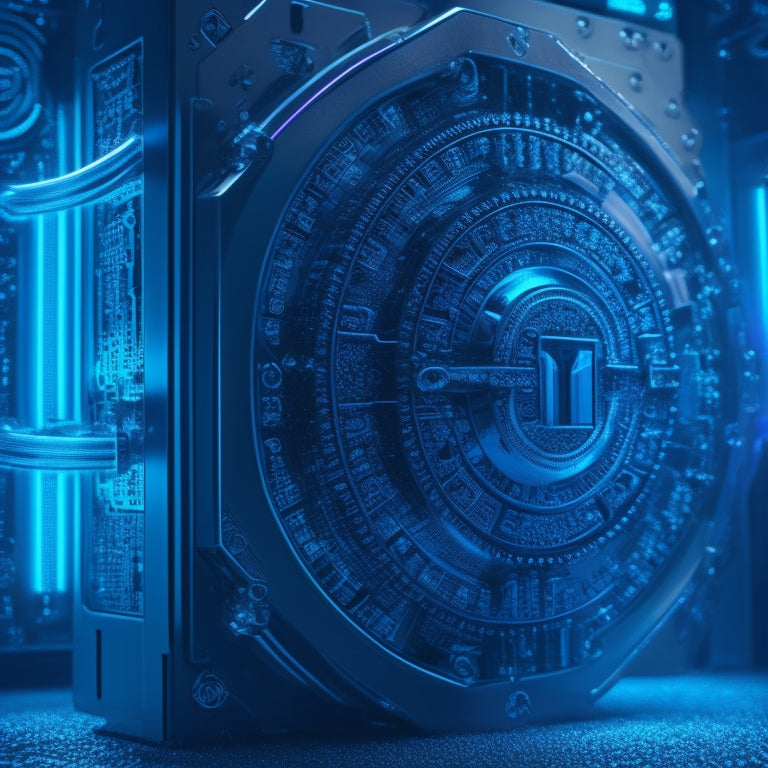 An intricately designed digital lock with glowing blue circuits, surrounded by fragmented puzzle pieces, with a few pieces fitting together, set against a dark blue background with subtle neon accents.