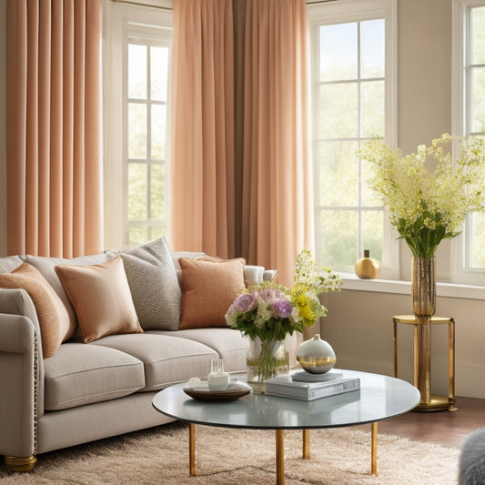 A bright, modern living room with a neutral color palette, strategically placed furniture, and decorative accents, featuring a vase with fresh flowers on a coffee table, and a large window with open curtains.