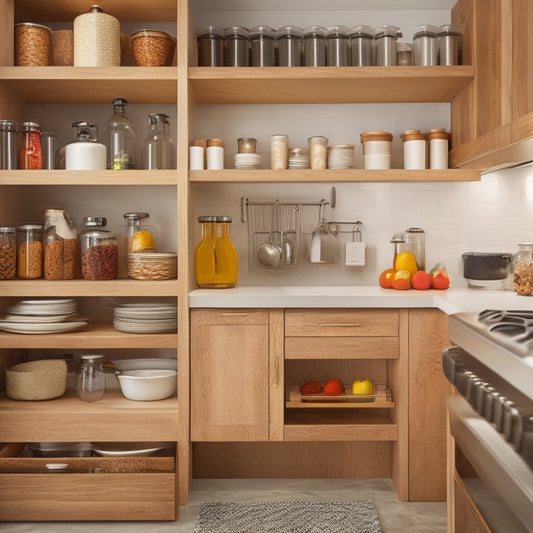 A bright, modern kitchen with a partially open drawer filled with neatly organized spice bottles, a few utensils, and a divider, surrounded by sleek countertops and warm wood cabinetry.