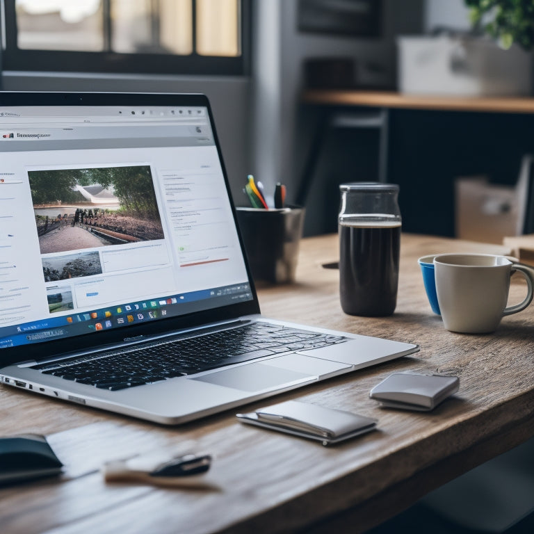 A laptop screen displaying a successful Google Drive download in progress, with a Chrome browser tab open, set against a blurred background of a cluttered desk with scattered papers and a cup of coffee.