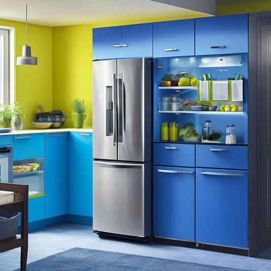 A modern kitchen with a sleek refrigerator in the background, featuring a large PDF document magnetized to the door, with colorful sticky notes and a few highlighted sections.