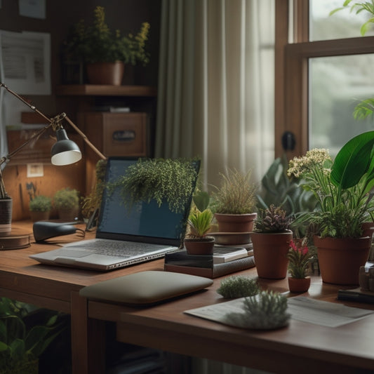 A tidy, well-lit home office with a wooden desk, a laptop, and a neatly labeled file organizer containing color-coded folders and a calendar, surrounded by a few potted plants.