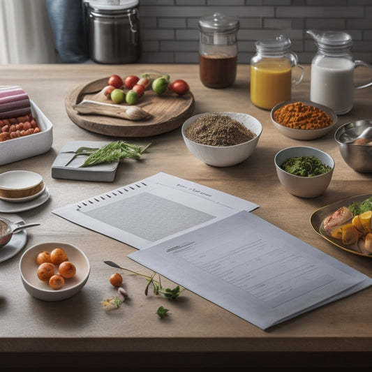 A tidy kitchen counter with a few essential templates, including a meal planning calendar, a grocery list notepad, and a recipe card holder, surrounded by a few fresh ingredients and utensils.