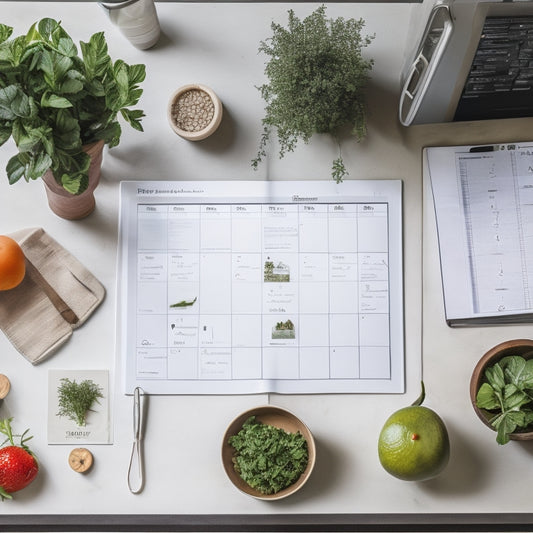 A tidy kitchen counter with a laptop, a meal prep planner open on the screen, surrounded by neatly arranged ingredients, utensils, and a small potted herb plant, with a subtle background of a calendar or planner pages.