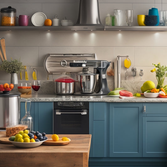 A bright, modern kitchen with a mix of utensils, gadgets, and appliances on countertops and hung from hooks, including a stand mixer, immersion blender, and wine fridge, amidst a subtle party atmosphere.