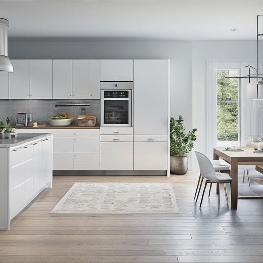 A minimalist kitchen with a large island, sleek white cabinets, and a stainless steel refrigerator, surrounded by various design templates and floor plans scattered on a wooden table.