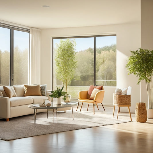 A bright, modern living room with cream-colored walls, polished hardwood floors, and sleek, minimalist furniture, flooded with natural light from large windows and a sliding glass door.