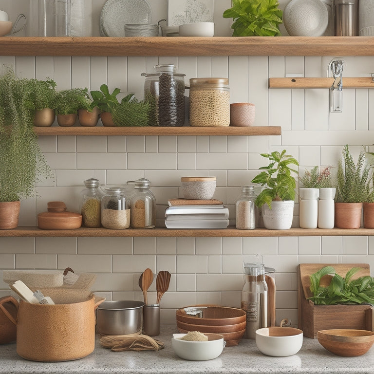 A tidy kitchen countertop with a wooden utensil organizer, a ceramic utensil holder, and a wall-mounted spice rack, surrounded by a few cookbooks and a small potted herb plant.