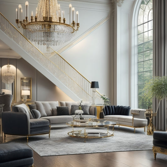 A luxurious, modern living room with a grand staircase, gleaming chandelier, and floor-to-ceiling windows, showcasing a perfectly styled interior with elegant furniture and tasteful decor.